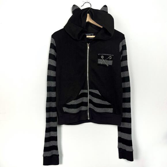 Rare Y2K Serious Los Angeles Striped Cat Ear Hoodie Mall Goth Vintage Hot Topic - Picture 1 of 16